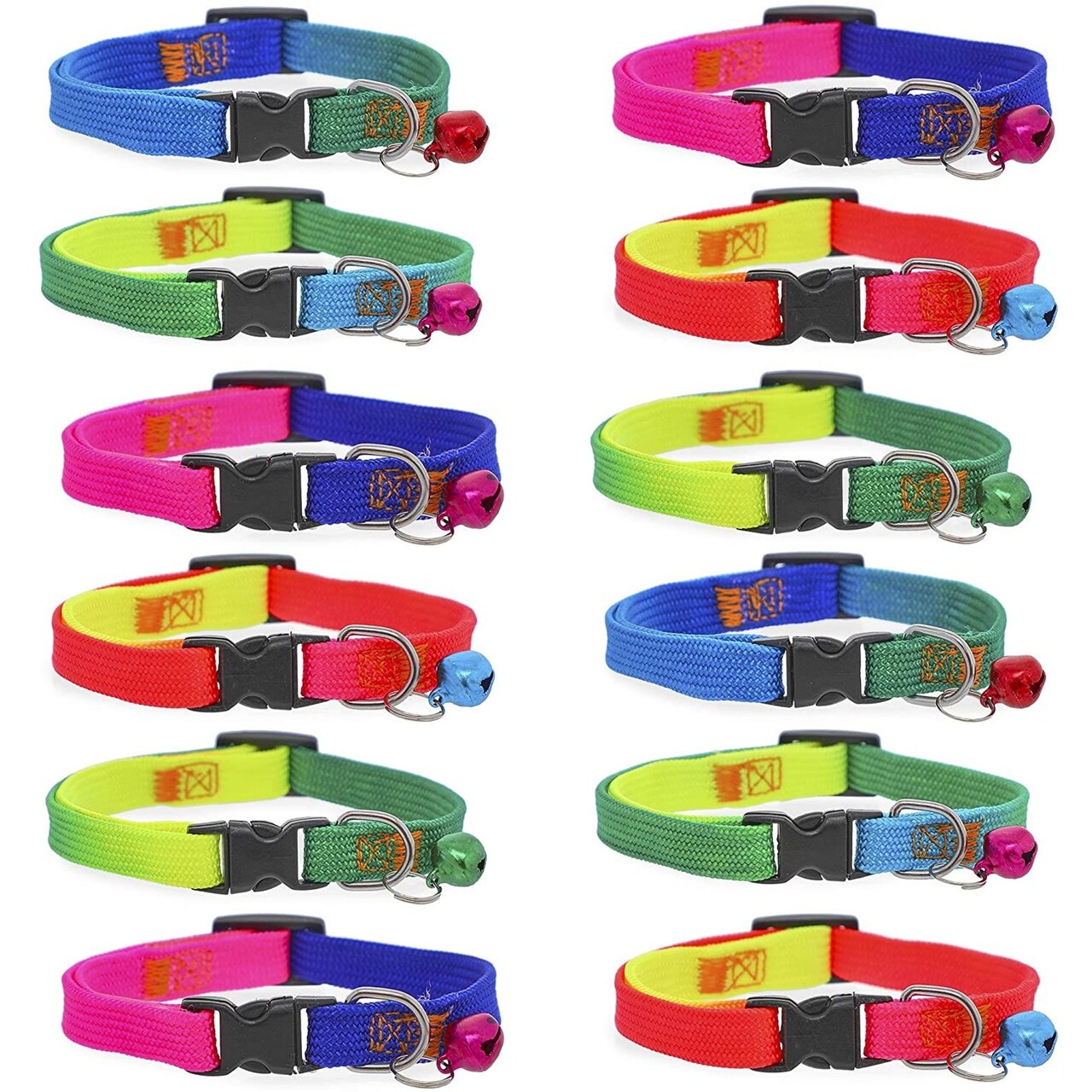 Cat Collar with Bell, Adjustable Snap Closure, Ombre Rainbow (12 Pack)
